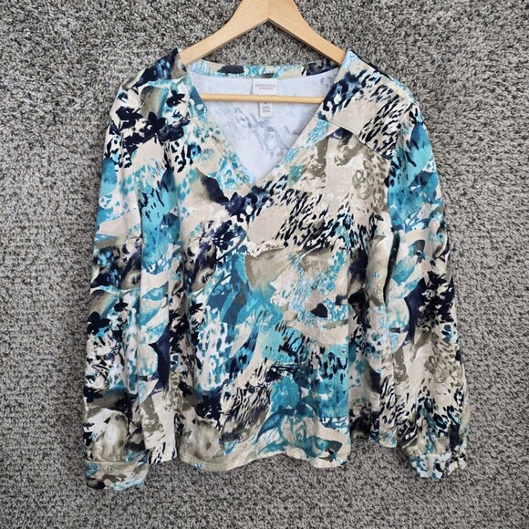 Chicos Weekends Top Womens 2 US Large Blue Terry Cloth V Neck Knit Casual Ladies - Picture 1 of 7